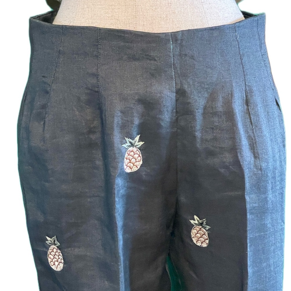 Vintage CJ Laing 100% Linen Embroidered Pineapple Pants Size 4 Resort wear 🍍☀️